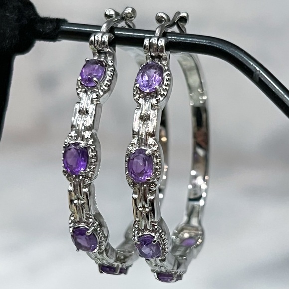 African Amethyst Large Silver Hoop Earrings - Picture 4 of 13
